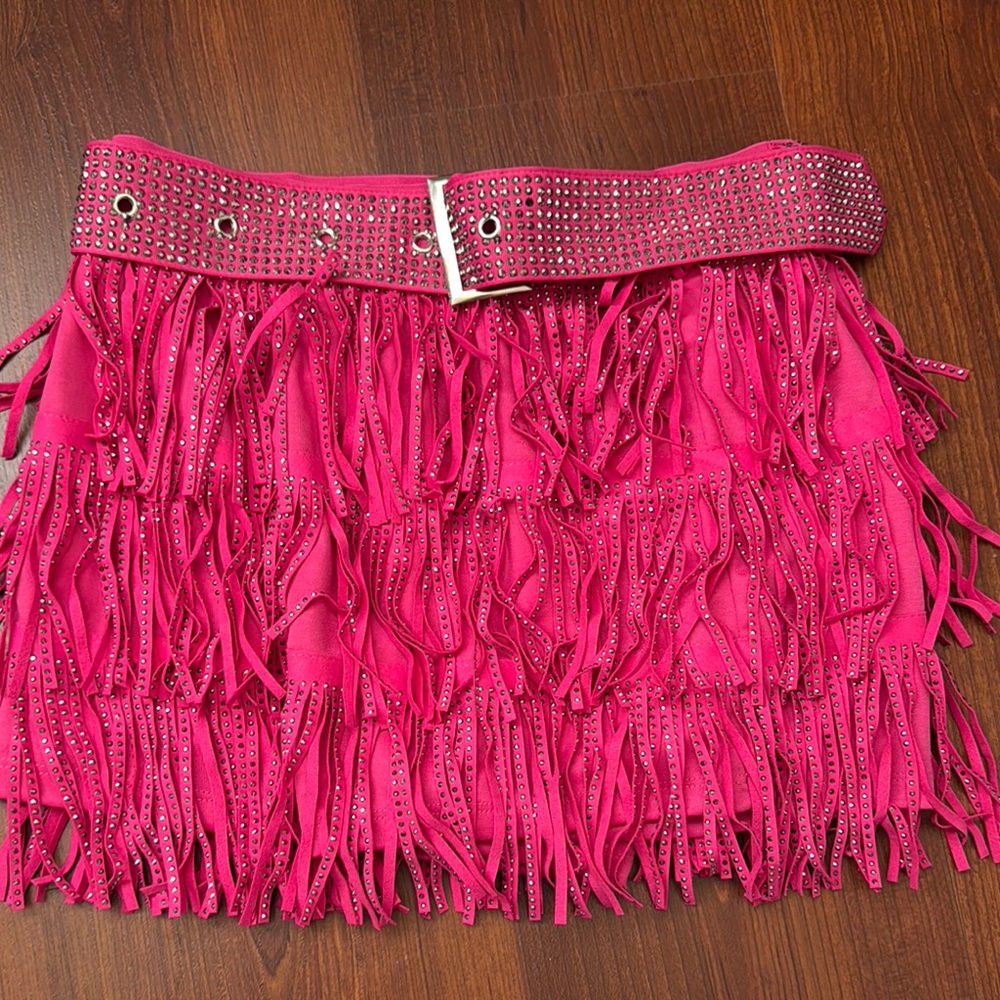Pink Fringe Skirt with Studded Belt